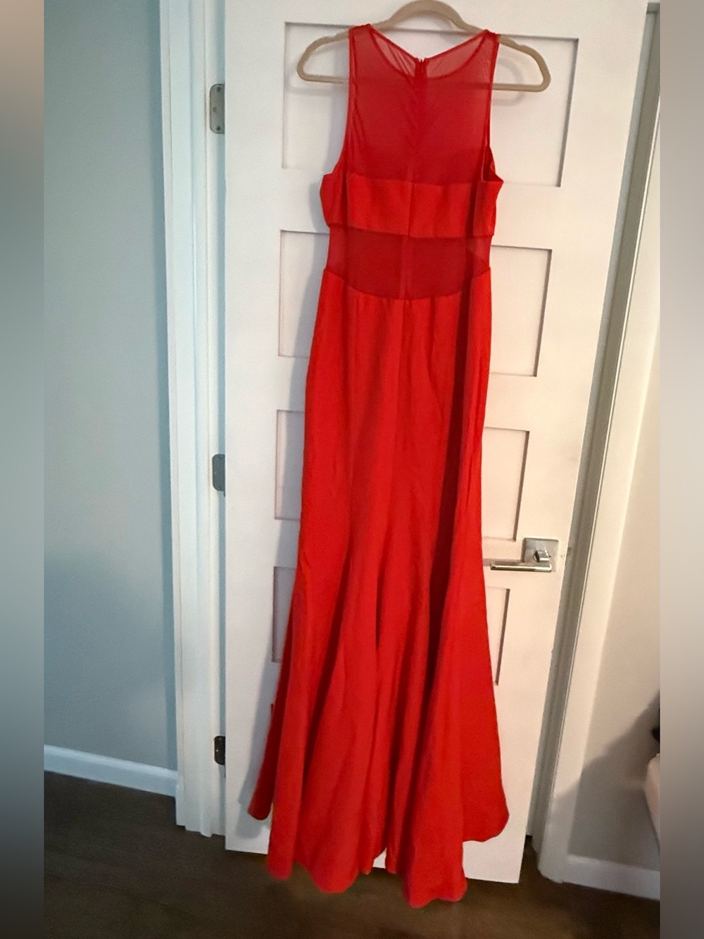 JAYGODFREY Red Sleeveless Mesh Yoke Prom Gown - Picture 2 of 5